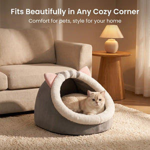 MEOWTIFY Cat Ear Cave Bed styled in a cozy modern living room with a resting cat