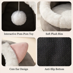 Close-up details of the MEOWTIFY Cat Ear Cave Bed including plush trim, cat ears, pom-pom and anti-slip base