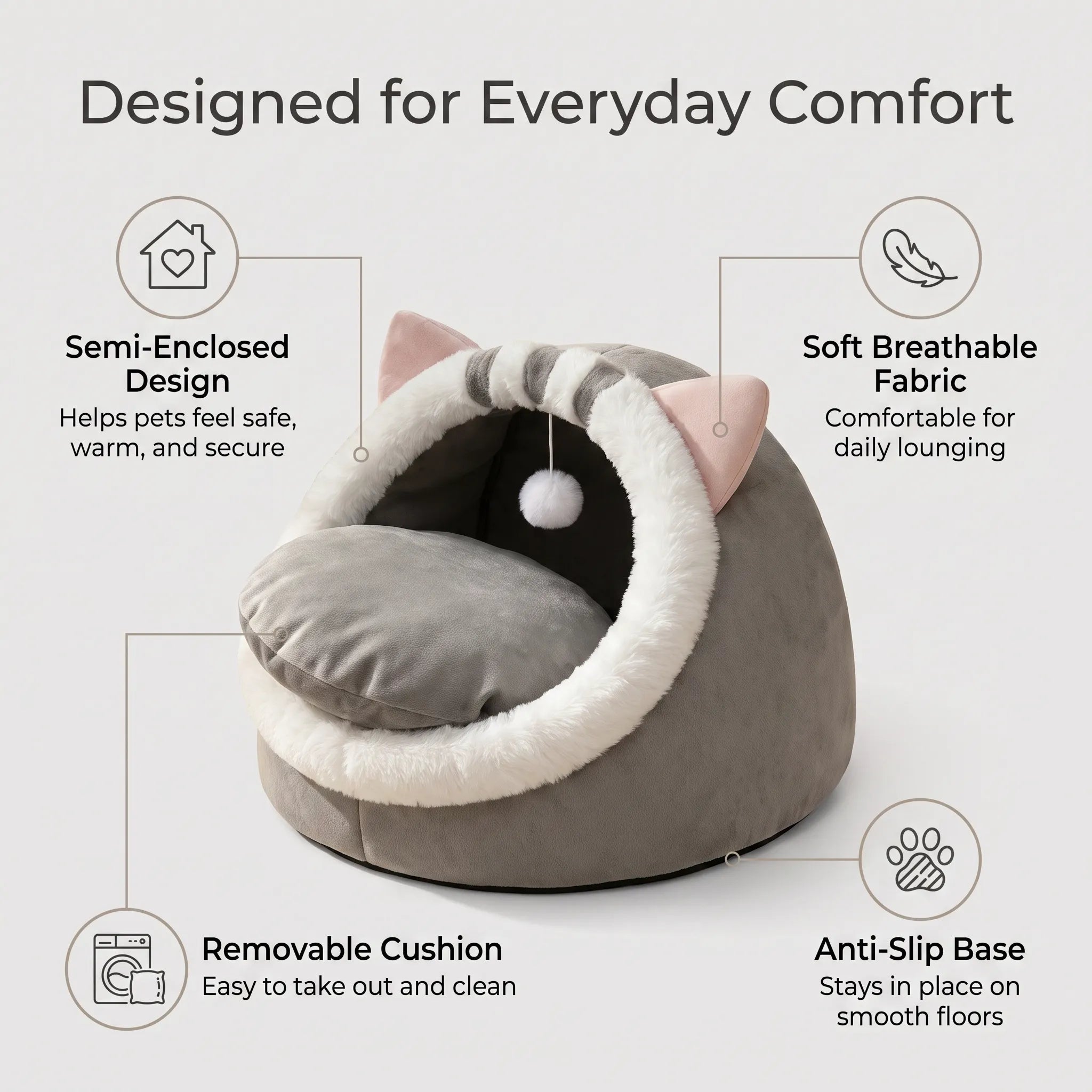 MEOWTIFY Cat Ear Cave Bed with semi-enclosed design, soft fabric, removable cushion and anti-slip bottom