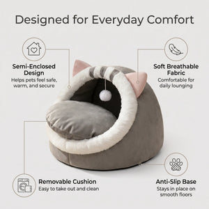 MEOWTIFY Cat Ear Cave Bed with semi-enclosed design, soft fabric, removable cushion and anti-slip bottom